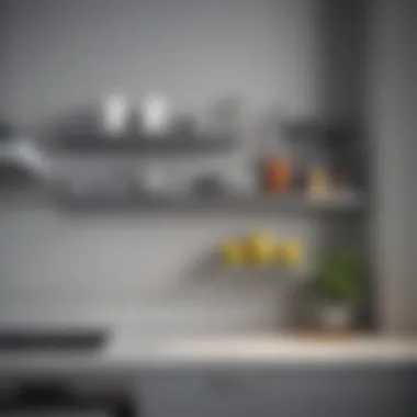 Functional grey floating shelves in a compact kitchen