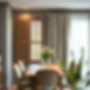 Rustic Wooden Shutters and Fabric Drapes in Charming Dining Area Rustic wooden shutters paired with fabric drapes in a charming dining area