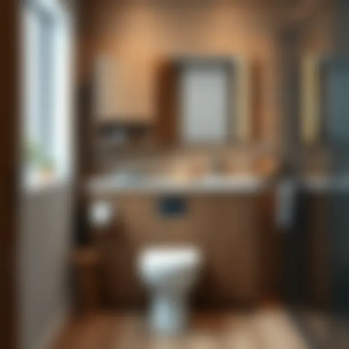 Contemporary bathroom featuring wood over the toilet cabinet