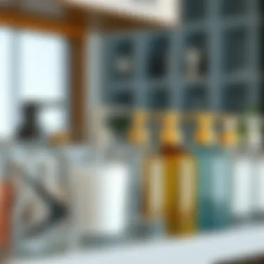 Stylish glass dispensers in various designs on a shelf