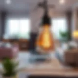 Close-up of a 125v 60w bulb illuminating a stylish living room