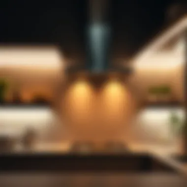 Close-up of LED strip lights illuminating kitchen shelves