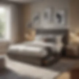 Stylish queen size bed with underbed storage solution in modern bedroom