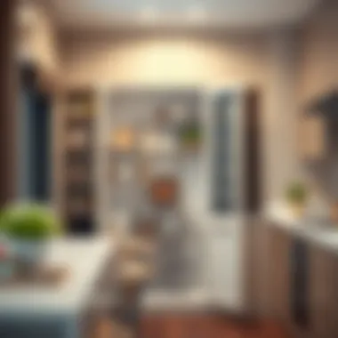 Stylish Kitchen with Organized Metal Pantry A stylish kitchen featuring an organized metal pantry space with decorative elements.