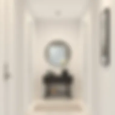 Frameless round mirror enhancing a minimalistic hallway