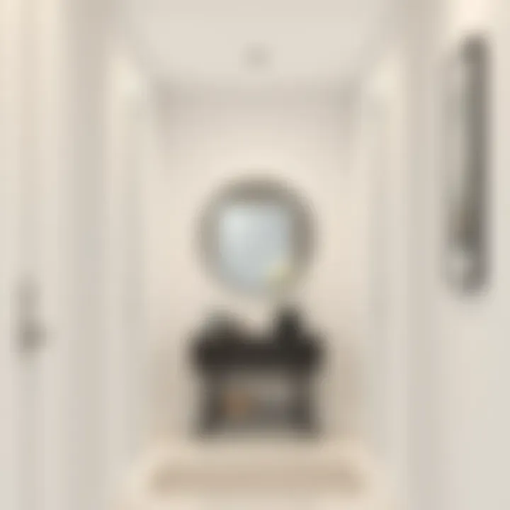 Frameless round mirror enhancing a minimalistic hallway