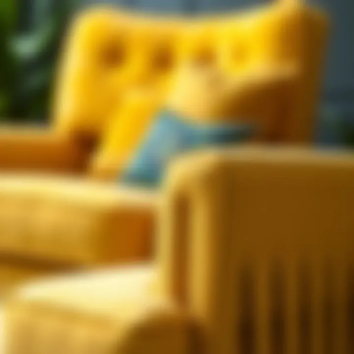 Close-up of a mustard yellow accent chair featuring unique design elements