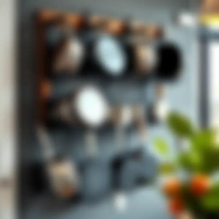 Creative wall-mounted pan organizer displaying various cookware styles