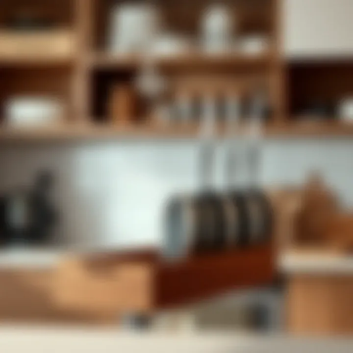 Wooden pan organizer integrated into a modern kitchen cabinet