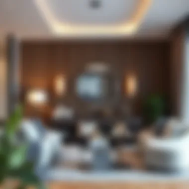 Stylish living room showcasing a frameless round mirror