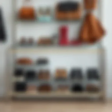 A stylishly arranged shoe rack displaying a collection of fashionable footwear