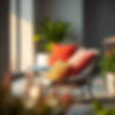 Modern Small Outdoor Chair with Cushions A close-up of a modern small outdoor chair with vibrant cushions