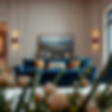 Elegant Living Space with Velvet Sofa Elegant living space featuring a deep blue velvet sofa as a focal point