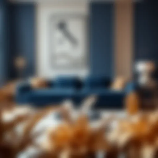 Luxurious deep blue velvet sofa in a modern living room setting