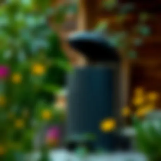 Stylish outdoor trash bag holder in a garden setting