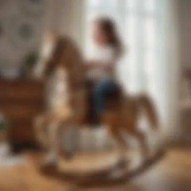 Joyful Play on a Vintage Wooden Rocking Horse A child joyfully playing on a vintage wooden rocking horse