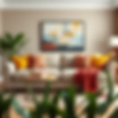 Beige Sofa with Colorful Accent Pillows Beige contemporary sofa paired with colorful accent pillows and art